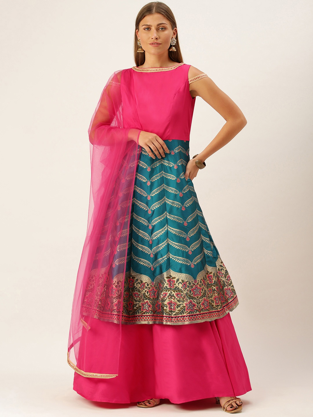

Ethnovog Pink Teal Blue Made to Measure Lehenga Set with Dupatta