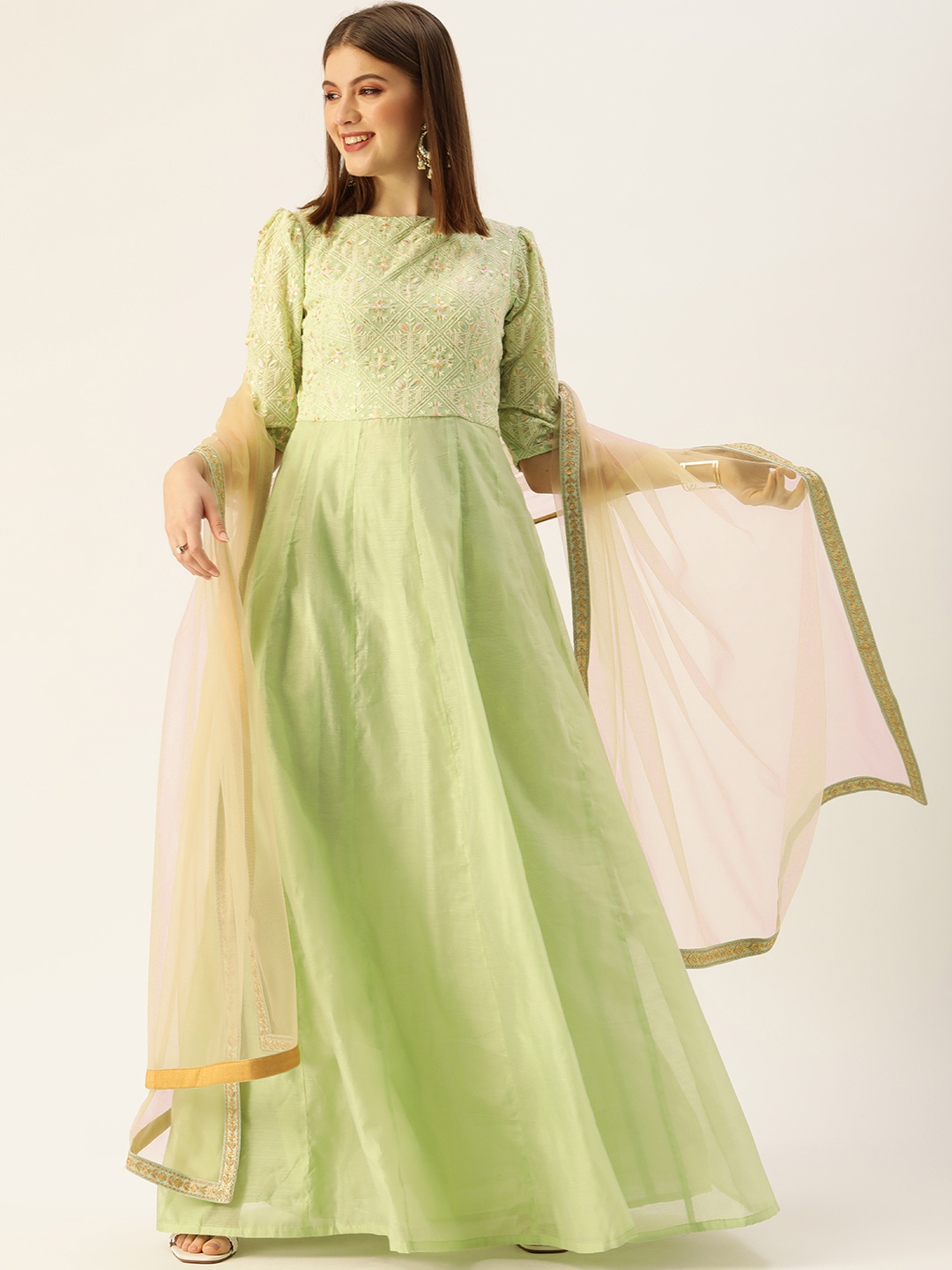 

Ethnovog Women Green Empire Thread Work Kurta with Trousers With Dupatta