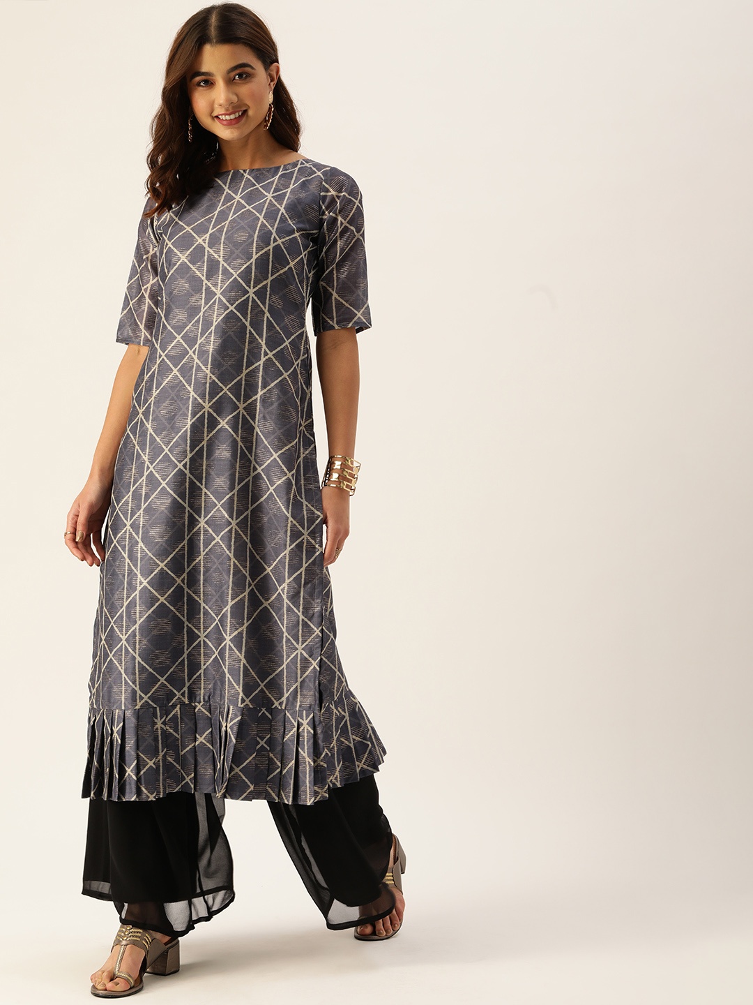 

Ethnovog Women Blue Printed Layered Kurta with Palazzos