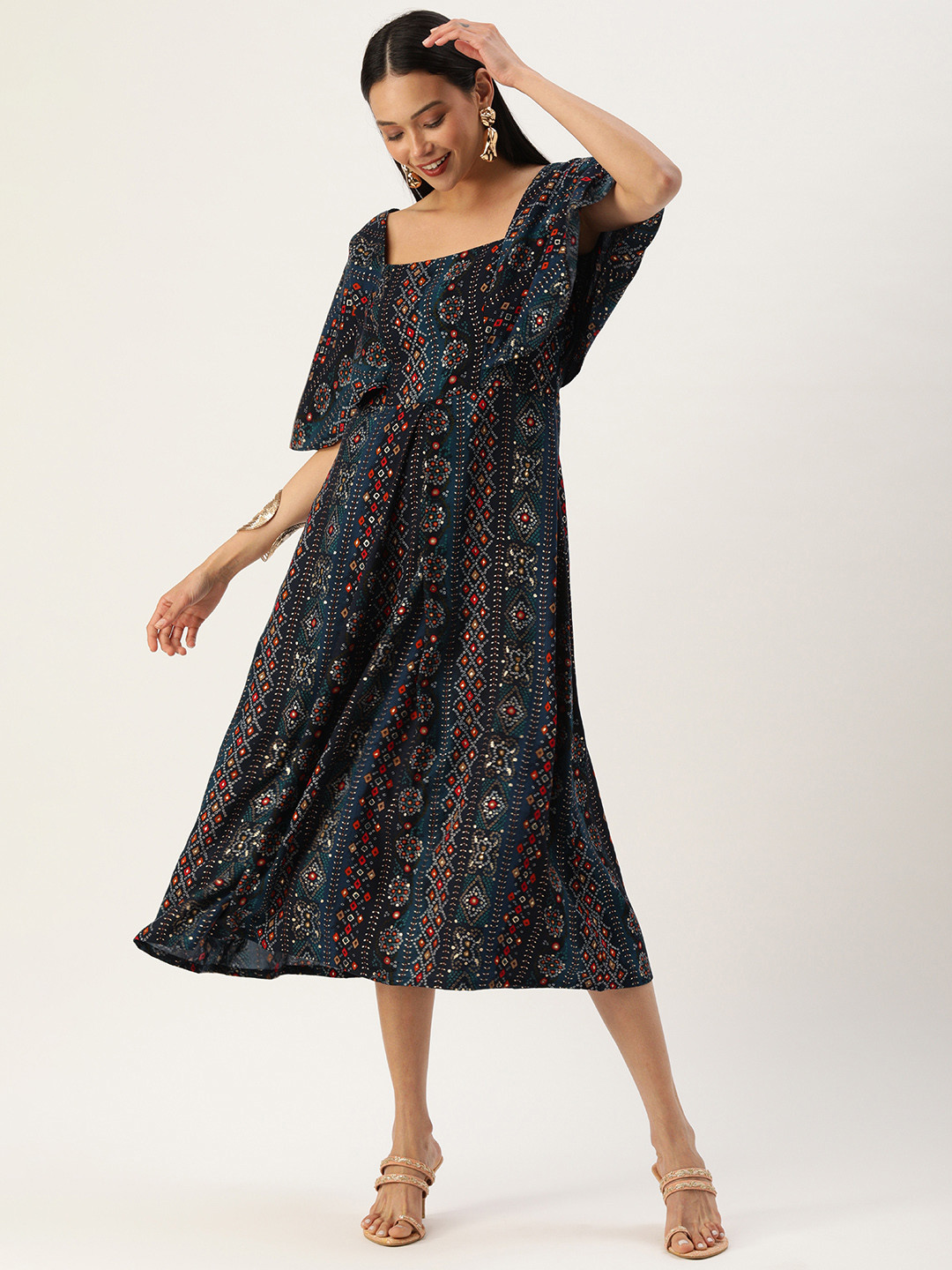 

Ethnovog Blue Ethnic Motifs A-Line Midi Dress