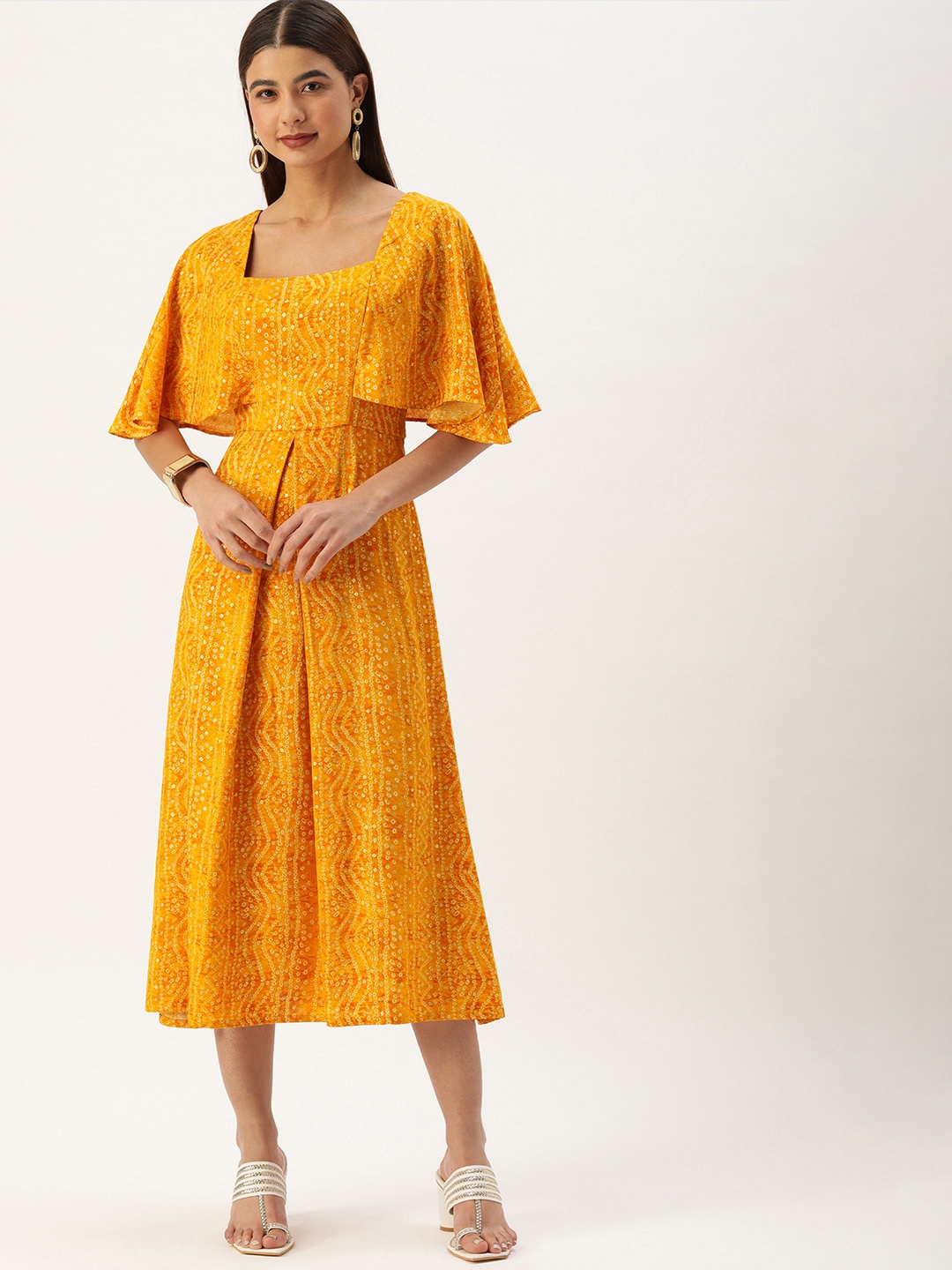 

Ethnovog Yellow Ethnic Motifs A-Line Midi Dress
