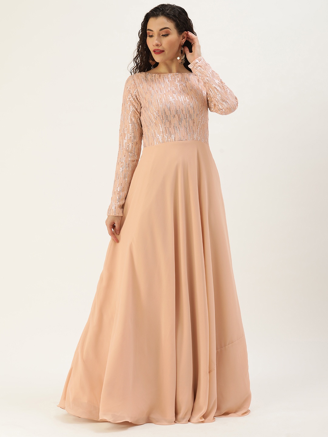 

Ethnovog Peach-Coloured Embroidered Georgette Ethnic Maxi Dress