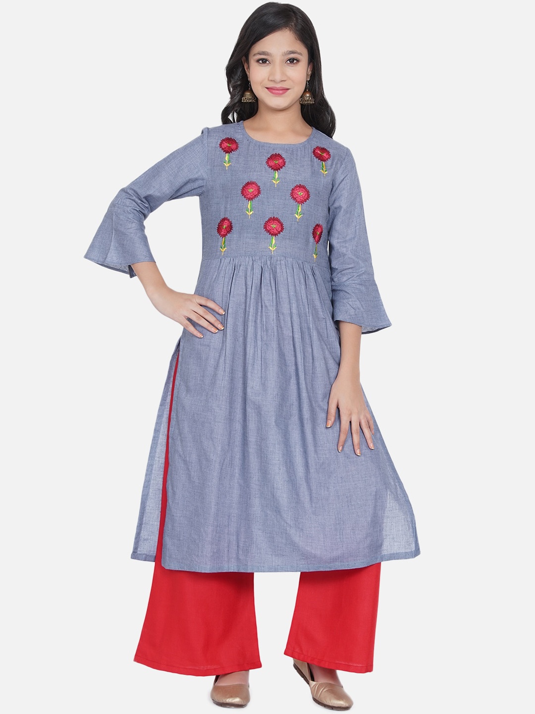 

Bitiya by Bhama Girls Blue Floral Yoke Design Pleated Kurta with Palazzos