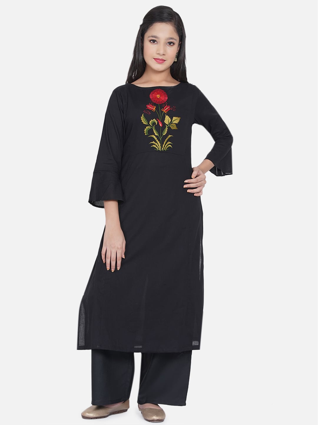 

Bitiya by Bhama Girls Black & Red Floral Embroidered Kurta with Palazzos