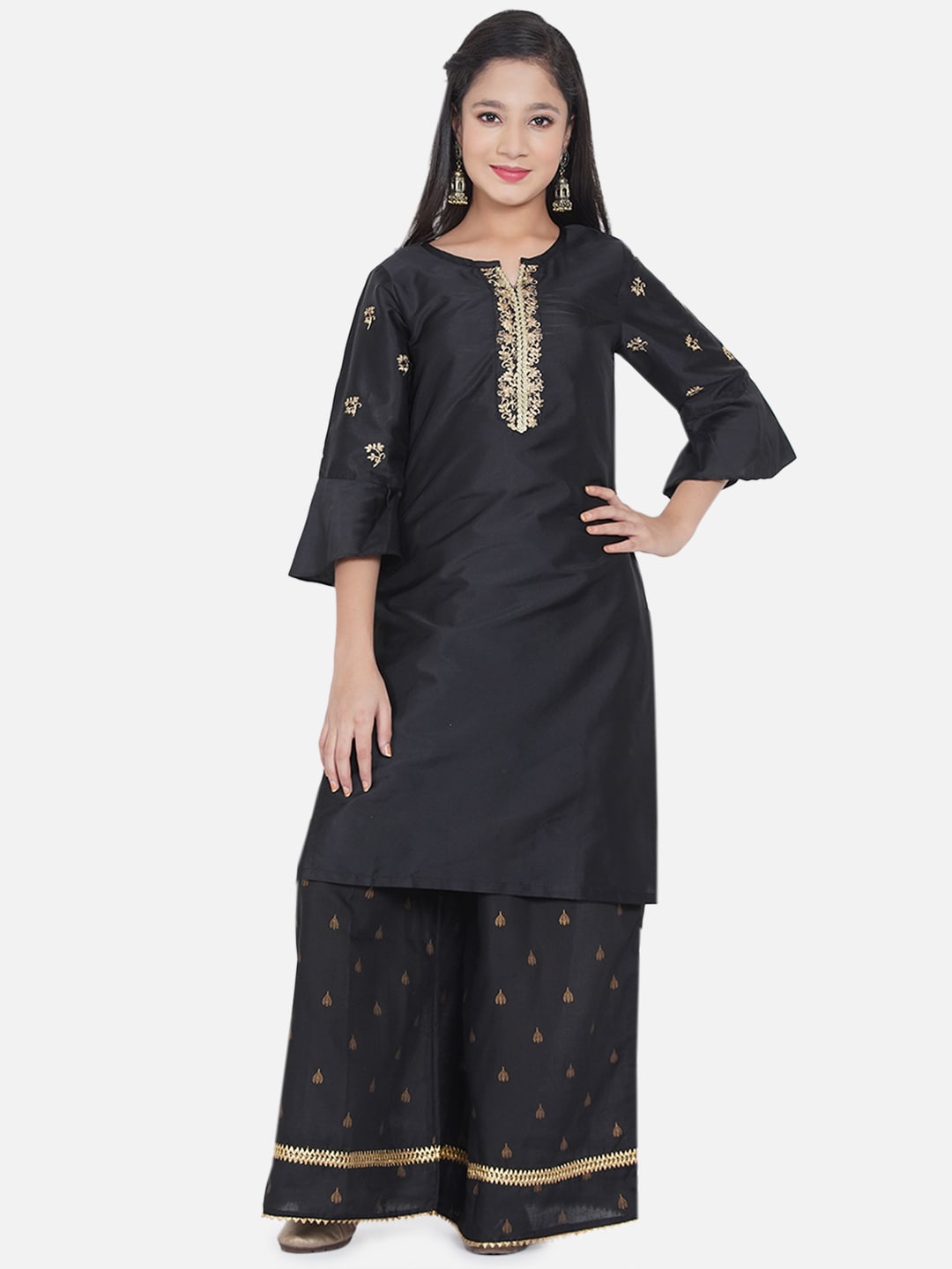 

Bitiya by Bhama Girls Black Ethnic Motifs Embroidered Gotta Patti Kurti with Skirt