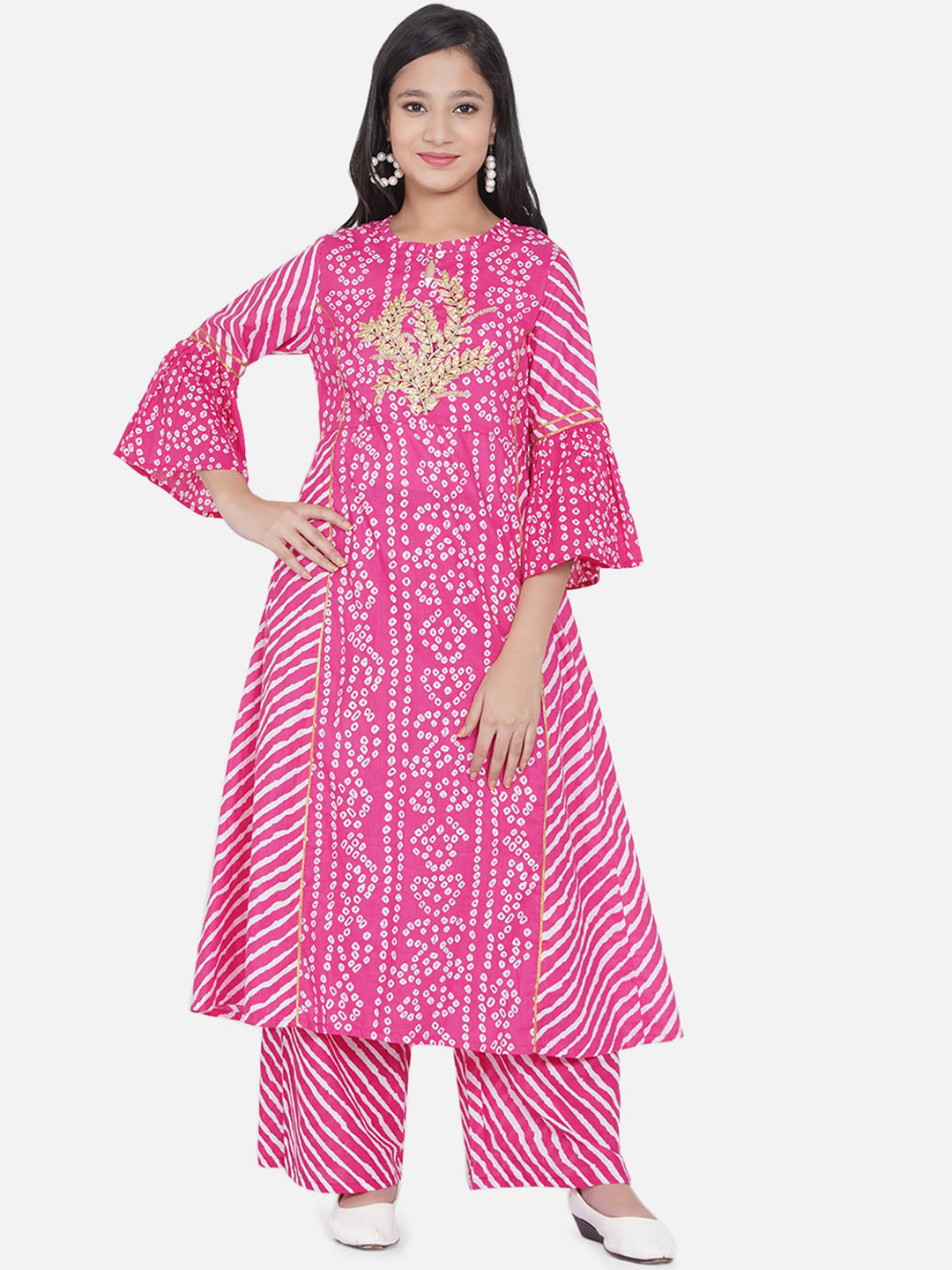 

Bitiya by Bhama Girls Pink Bandhani Printed Pleated Gotta Patti Kurta with Palazzos