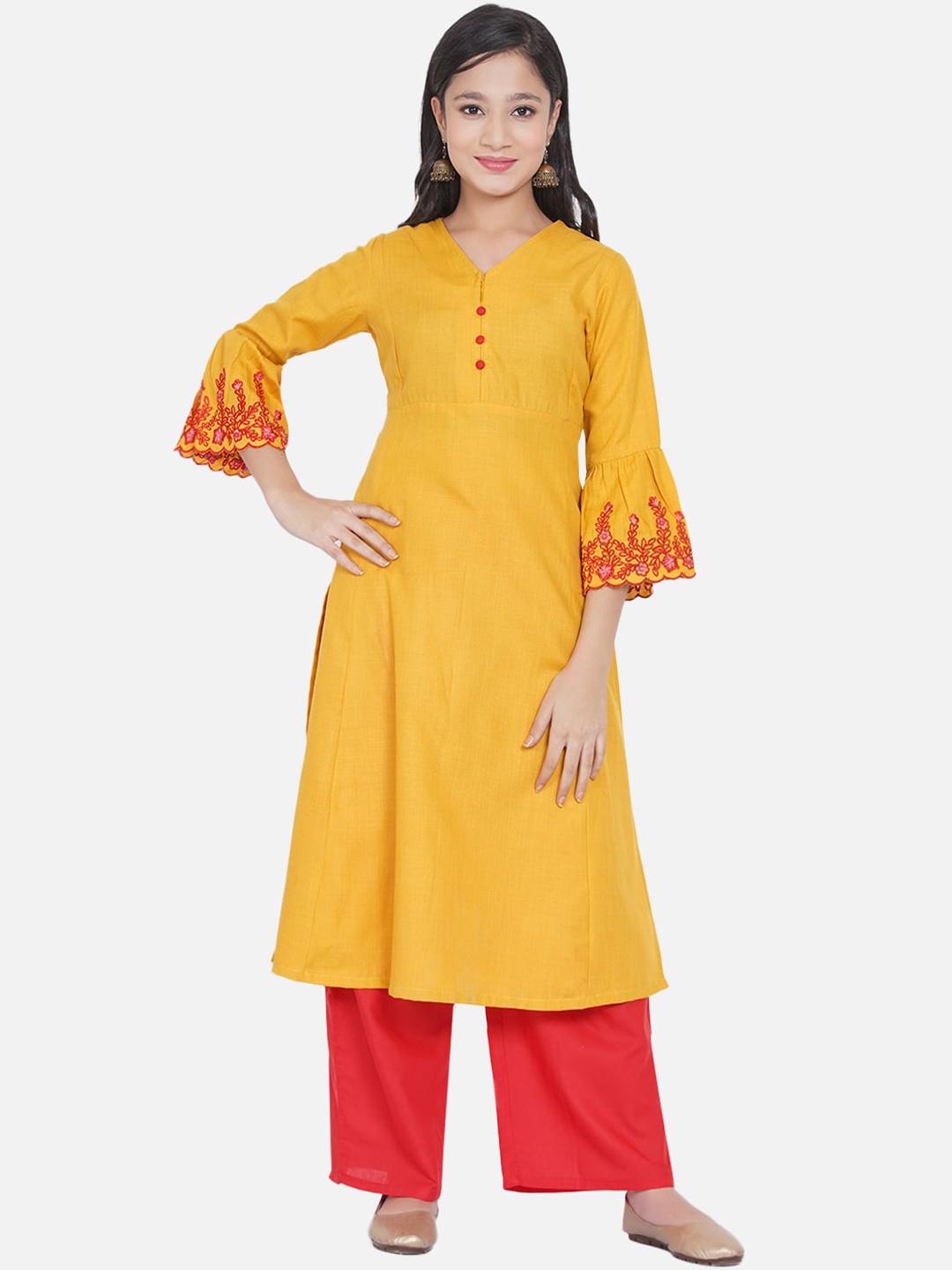 

Bitiya by Bhama Girls Mustard Yellow Ethnic Motifs Embroidered Kurta with Palazzos