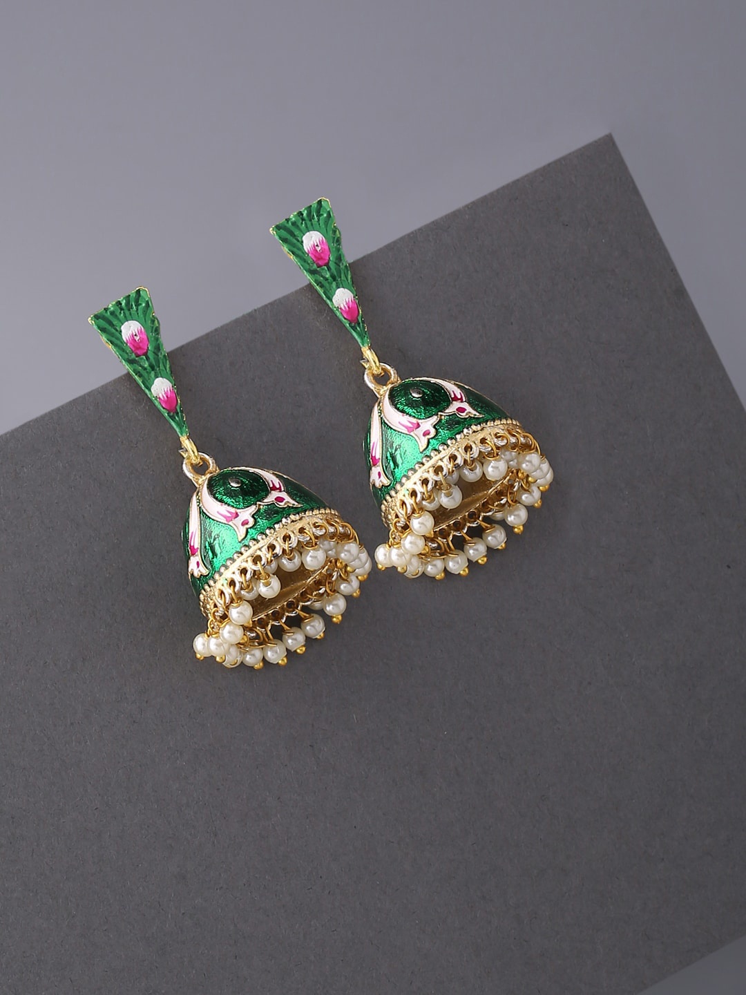 

VIRAASI Green Meenakari Contemporary Jhumkas Earrings