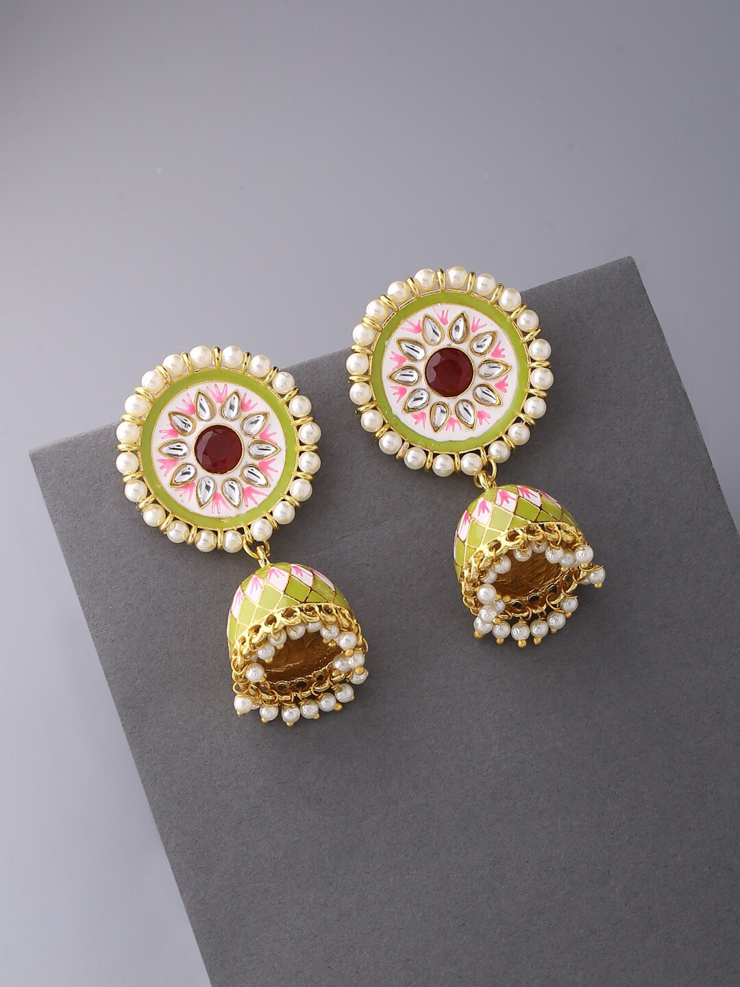 

VIRAASI Green & White Meenakari Contemporary Jhumkas Earrings