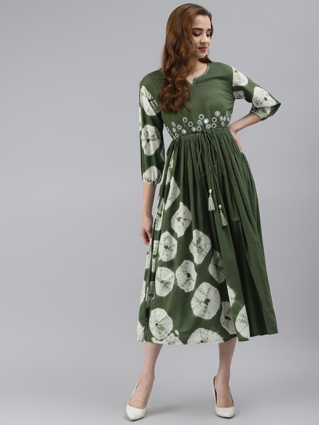

Hatheli Green & White Bandhani Embroidered Ethnic A-Line Maxi Dress