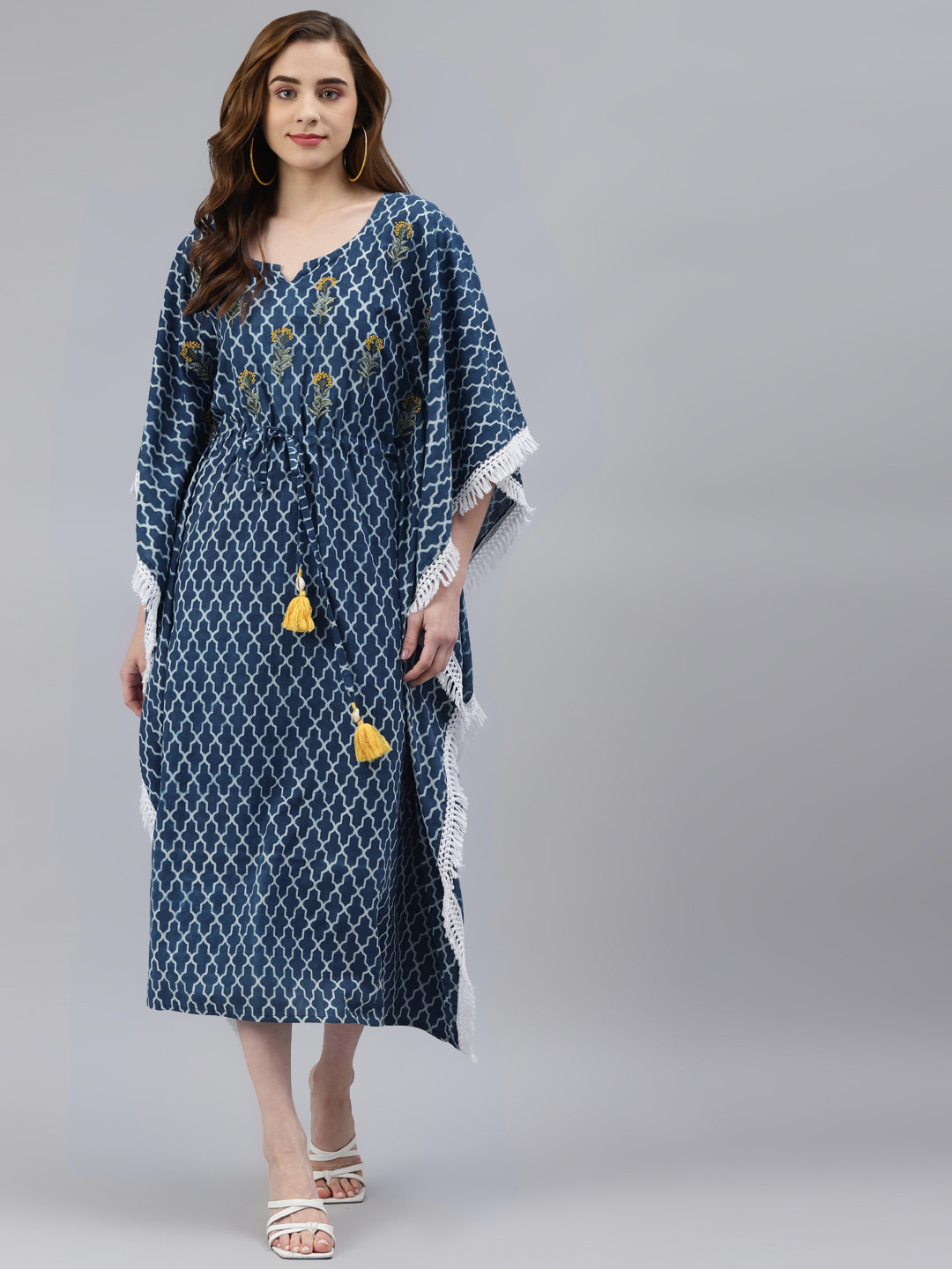 

Hatheli Blue & White Indigo Embroidered Ethnic Kaftan Maxi Dress