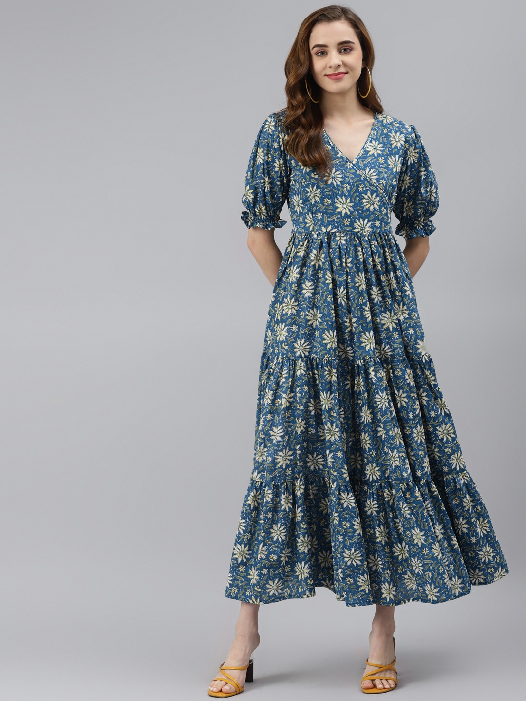 

Hatheli Blue & White Embellished V Necked Ethnic Maxi Dress