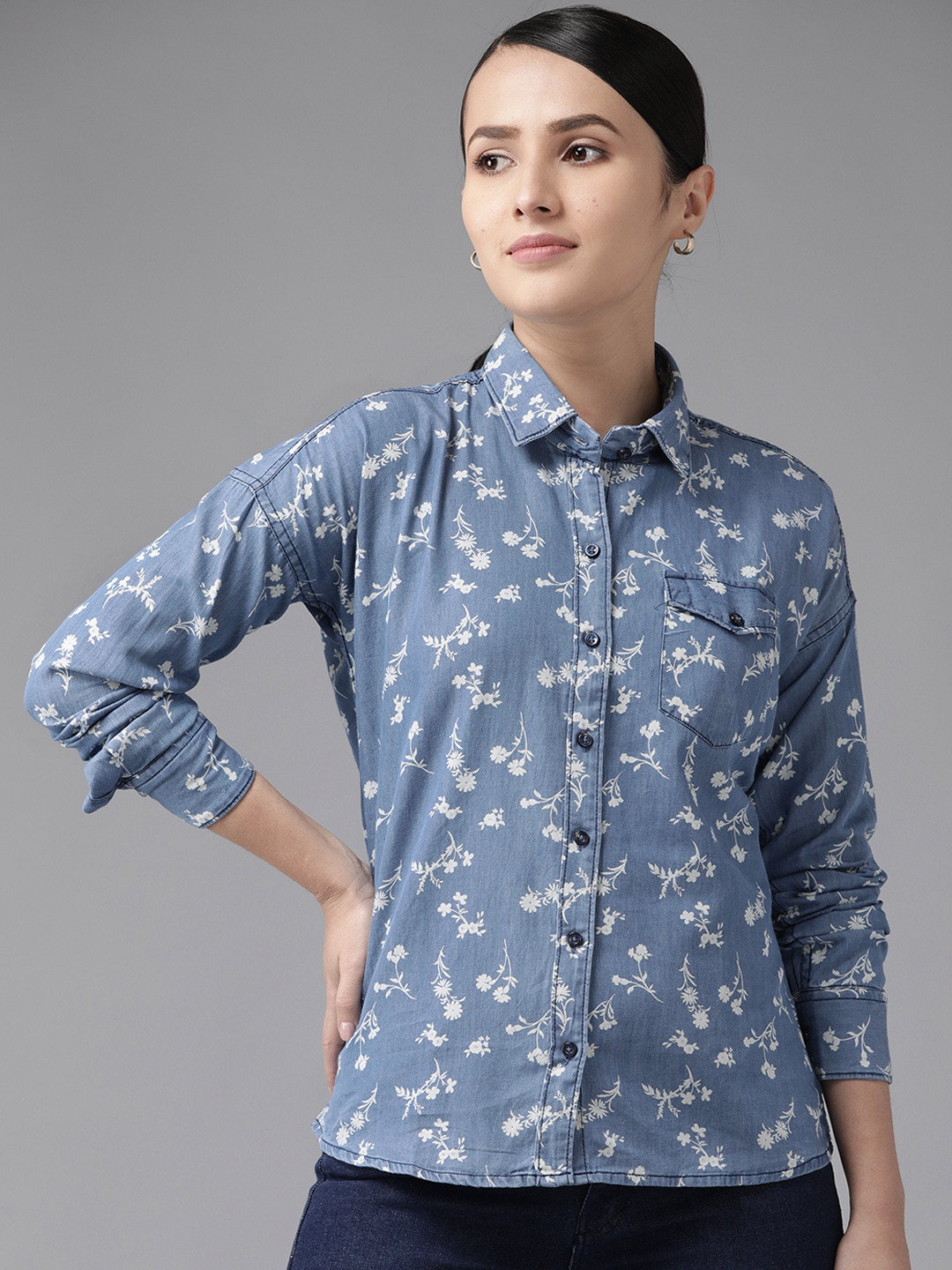 

The Dry State Women Blue Floral Printed Casual Shirt
