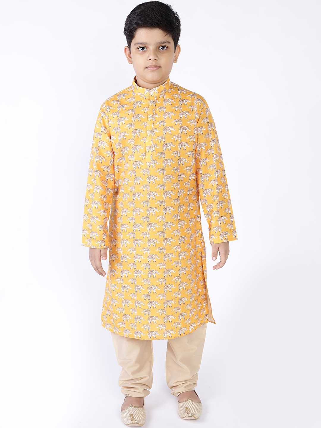 

TABARD Boys Yellow Ethnic Motifs Printed Pure Cotton Kurta with Churidar
