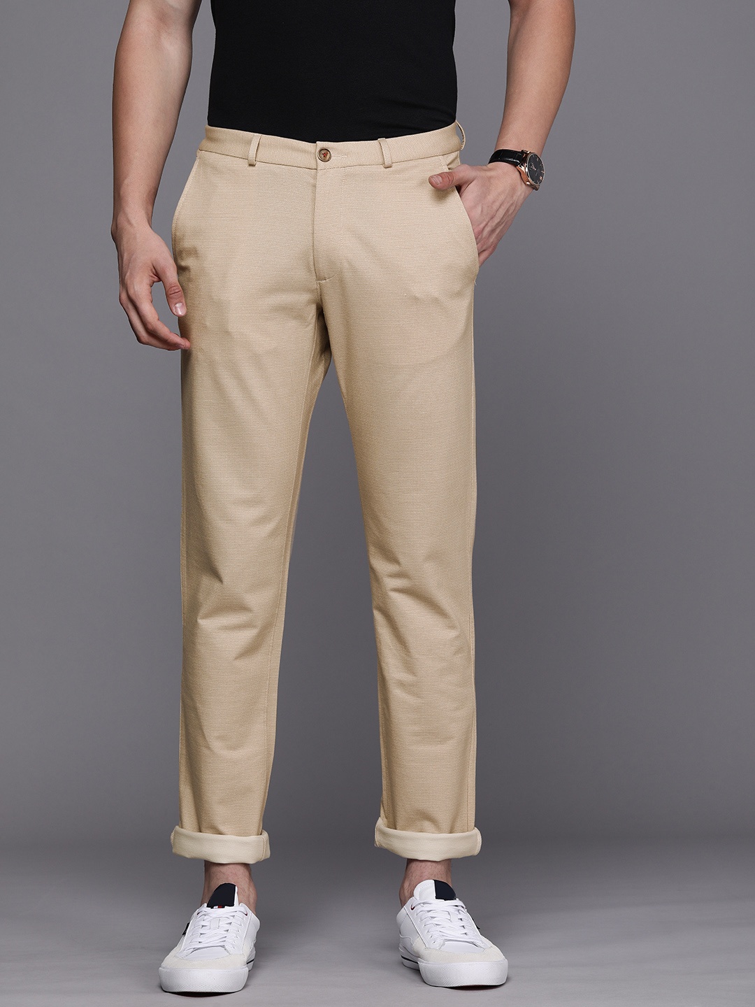 

Louis Philippe Sport Men Khaki Self Design Slim Fit Low-Rise Regular Trousers