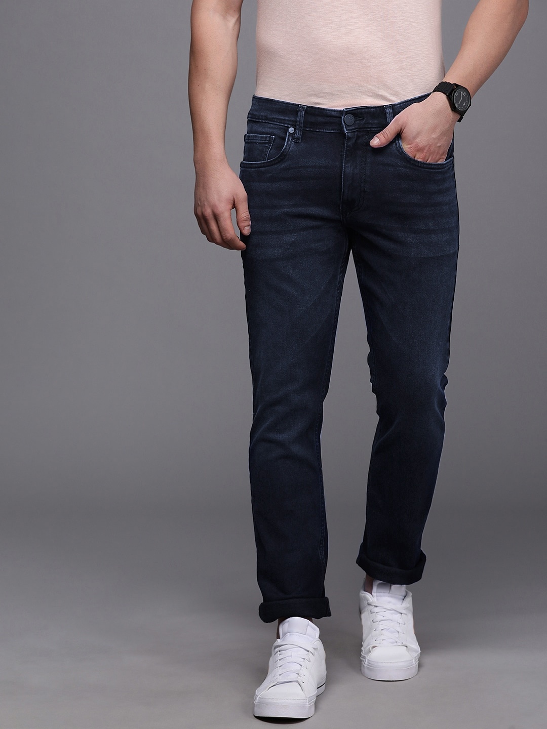 

Louis Philippe Jeans Men Navy Blue Slim Fit Low-Rise Light Fade Stretchable Jeans