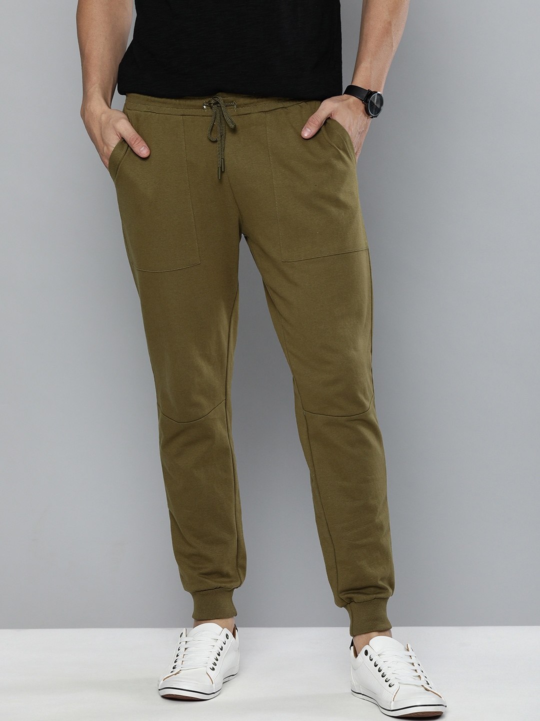 

Mast & Harbour Khaki Olive Solid Mid Rise Casual Joggers