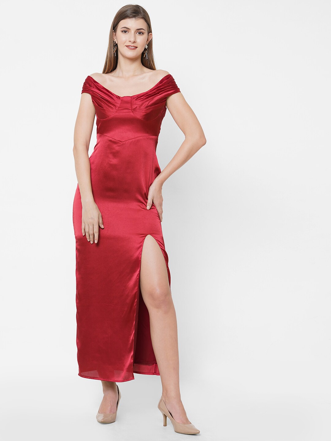 

MISH Women Red Off-Shoulder Satin Maxi Dress