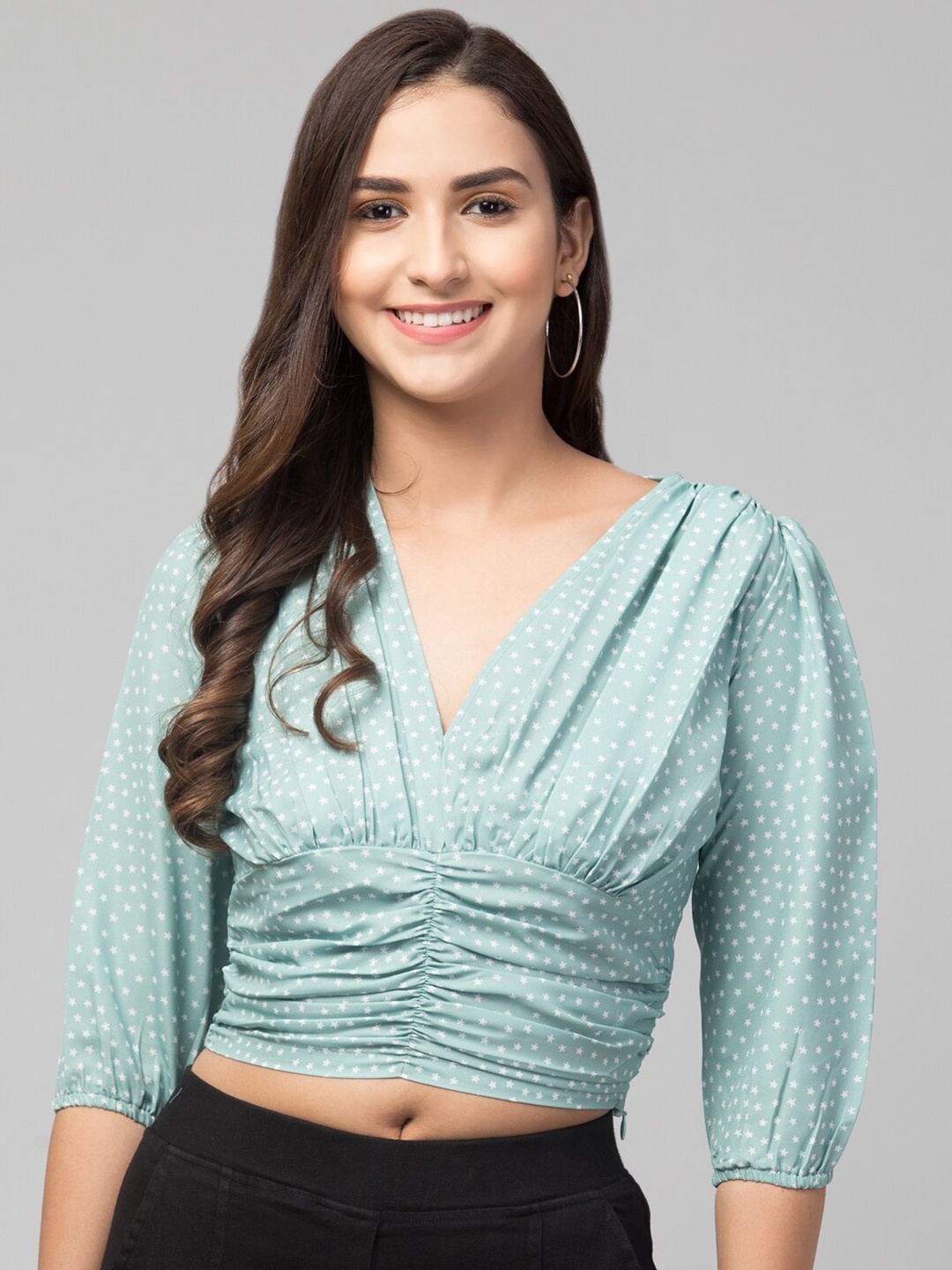 

Orchid Blues Green Georgette Wrap Crop Top