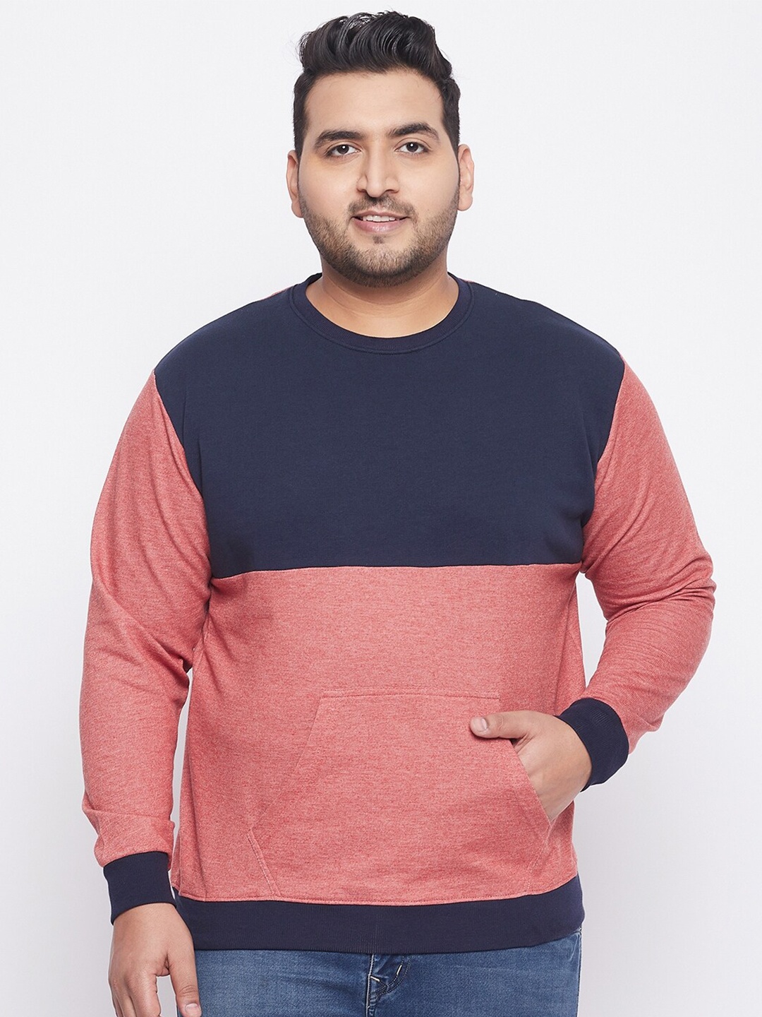 

bigbanana Plus Size Men Navy Blue & Pink Colourblocked Pure Cotton Sweatshirt