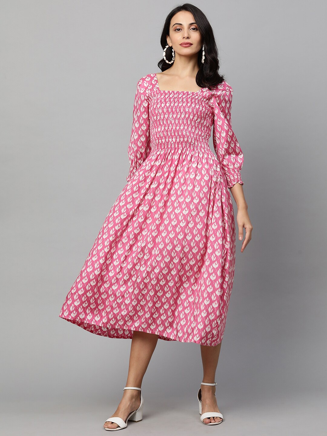 

FASHOR Women Pink & White Ethnic Motifs Printed Smocked Cotton Midi Dress