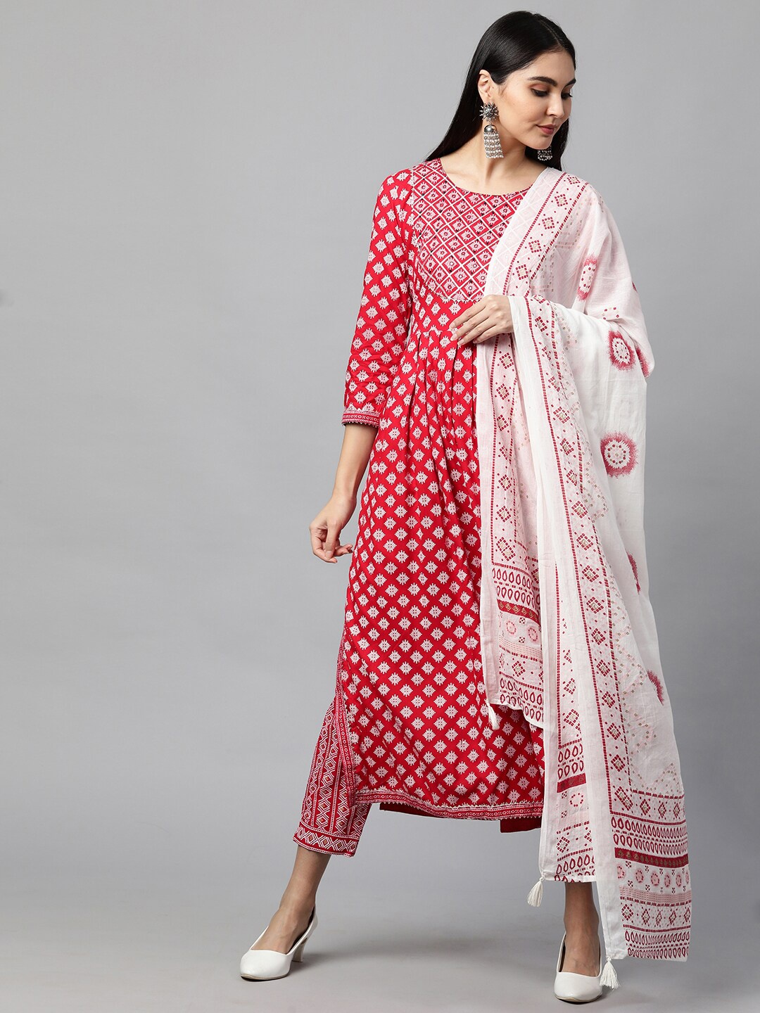 

FASHOR Women Red Printed Pleated Pure Cotton Kurta with Trousers & With Dupatta