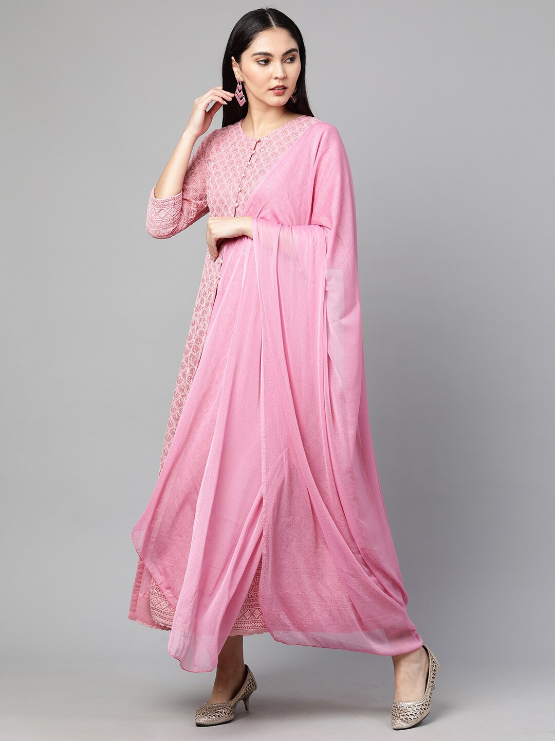 

FASHOR Pink Georgette Ethnic Sheath Dress