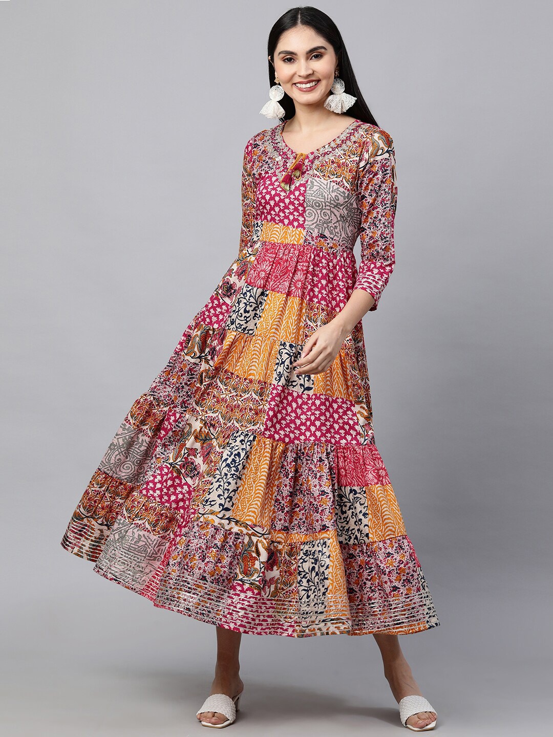 

FASHOR Pink & Orange Ethnic Motifs Ethnic Maxi Dress
