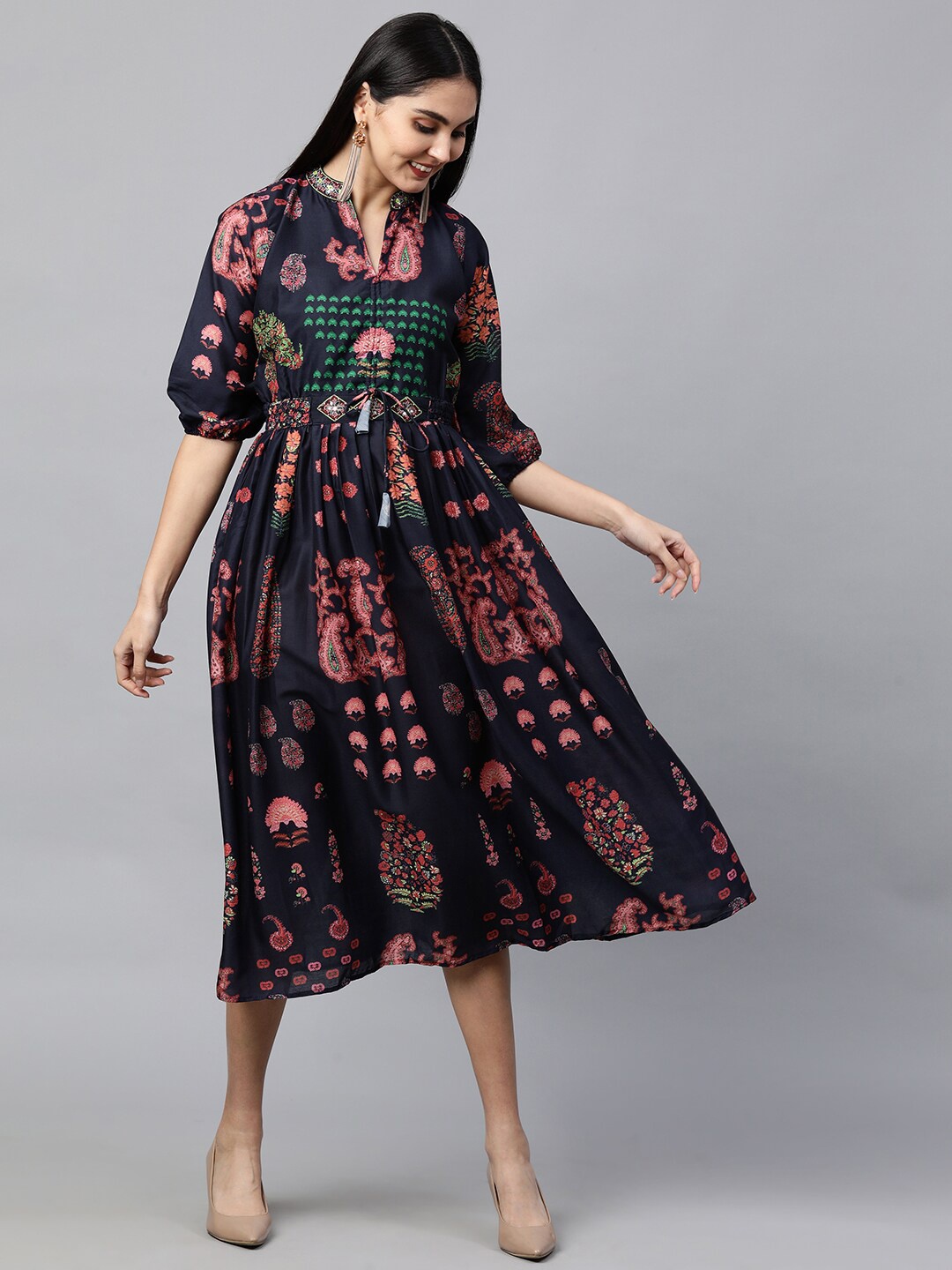 

FASHOR Navy Blue Ethnic Motifs Georgette Ethnic A-Line Midi Dress