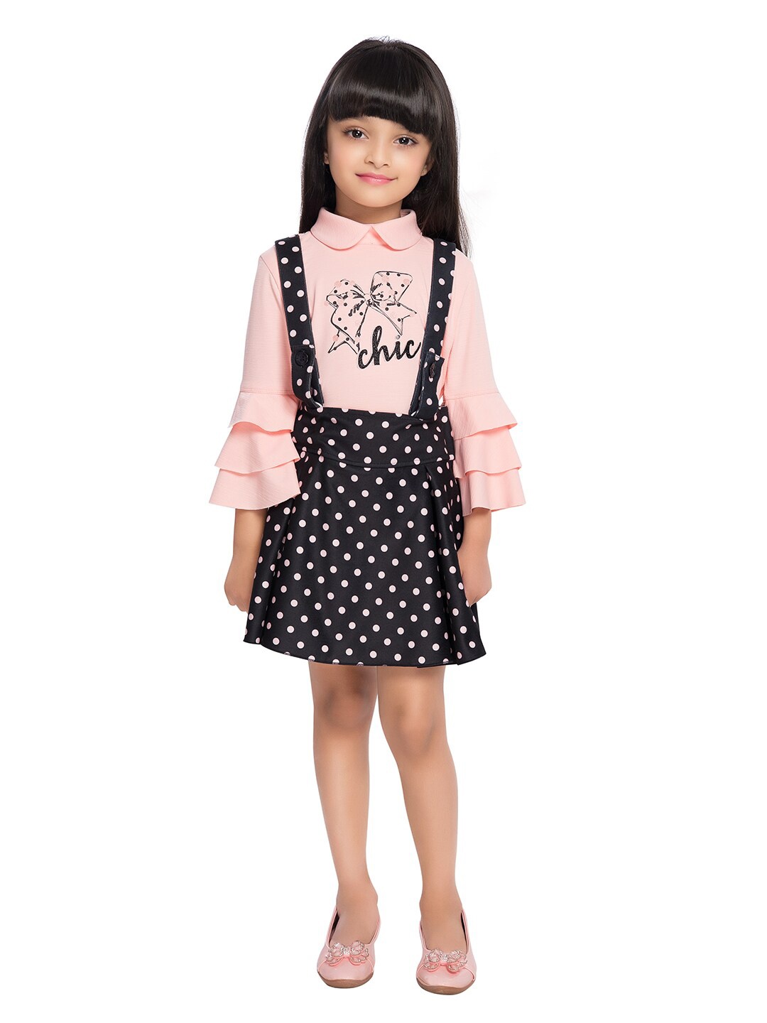 

Tiny Baby Girls Peach-Coloured & Black Printed Top with Skirt