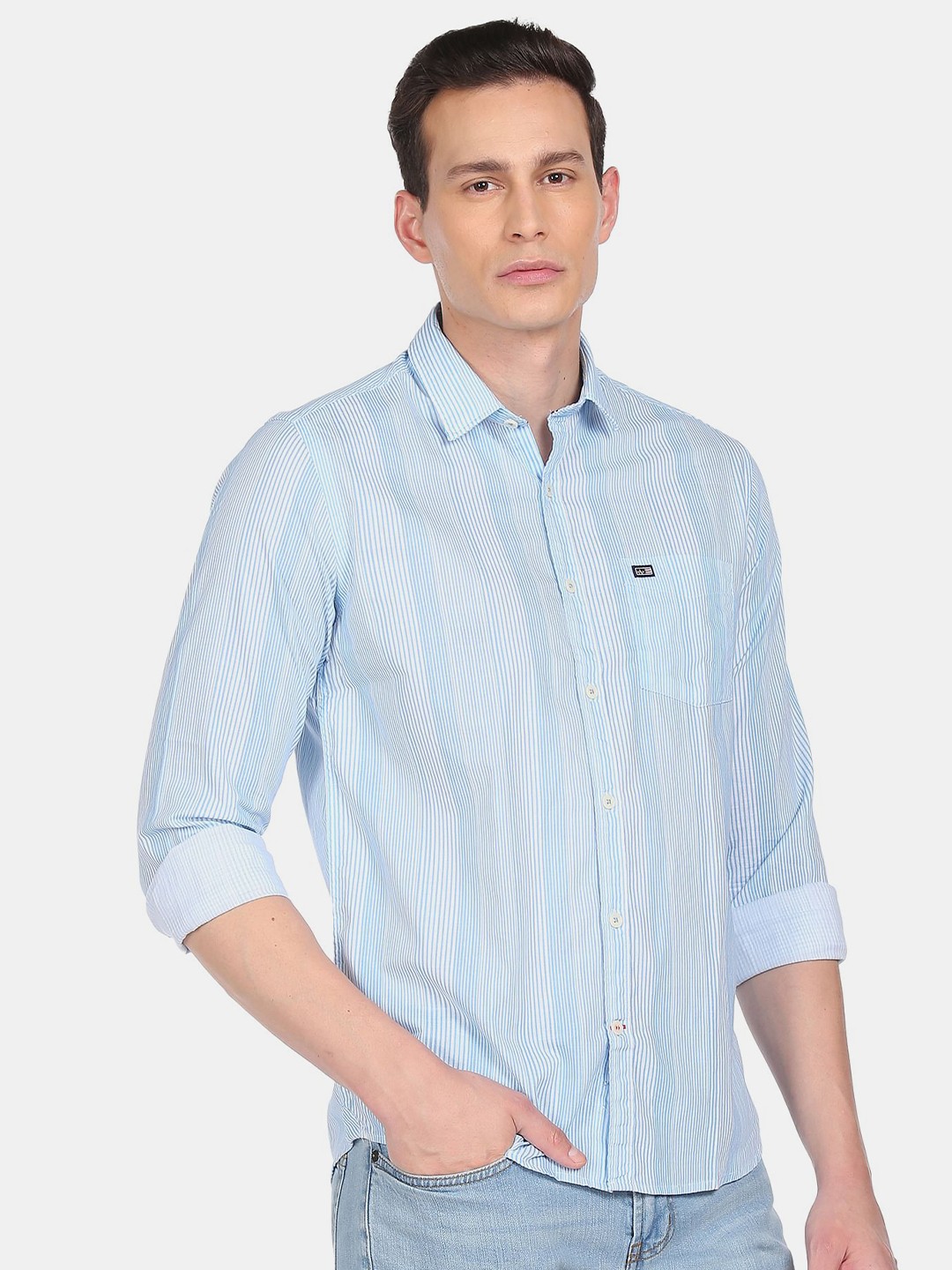 

Arrow Sport Men Blue & White Striped Pure Cotton Casual Shirt