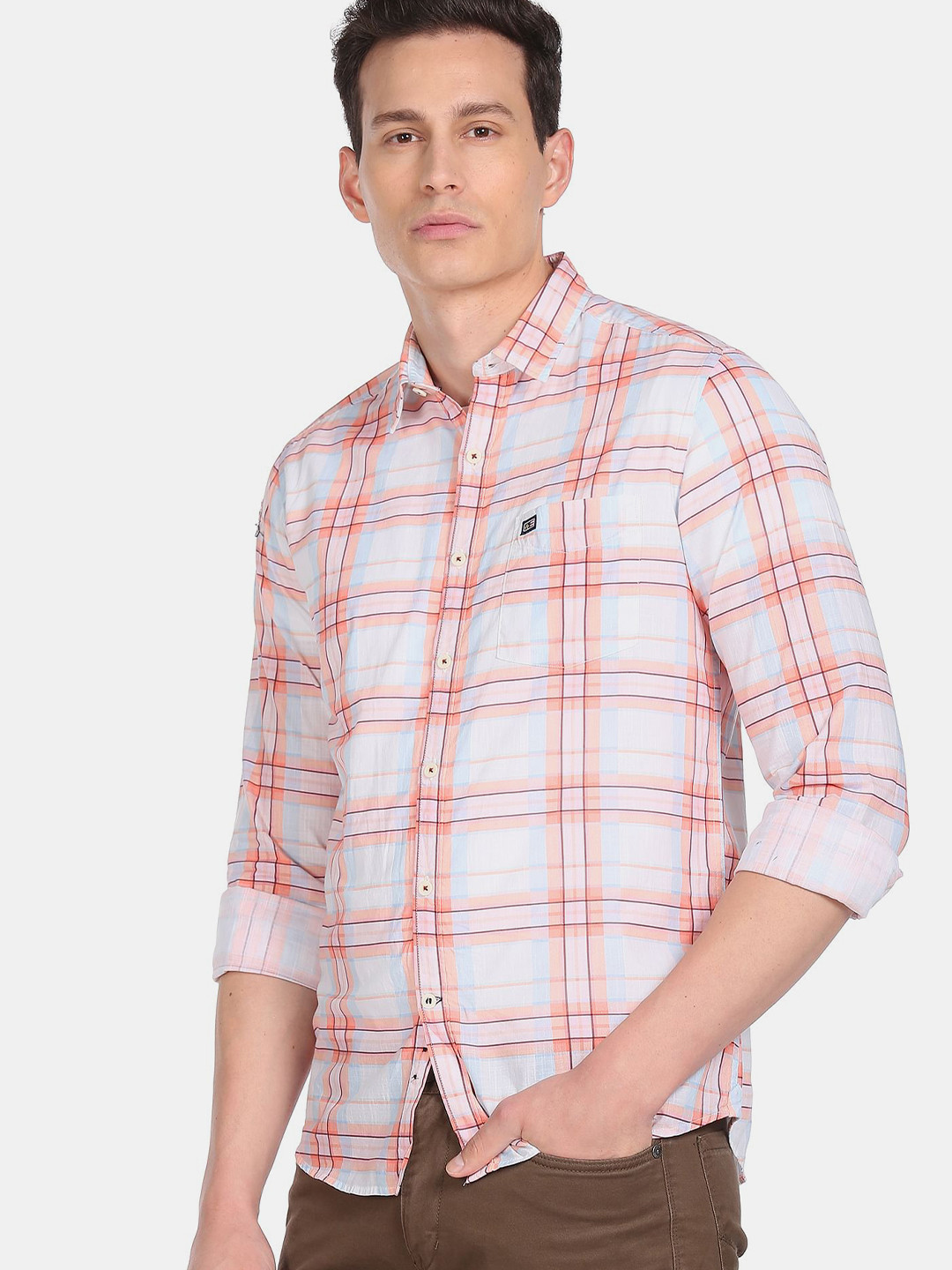 

Arrow Sport Men Orange Tartan Checks Checked Casual Shirt