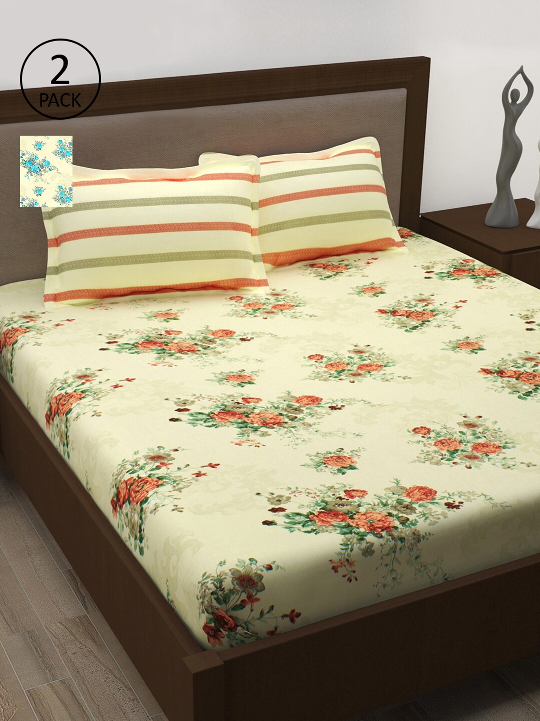 

Story@home Unisex 186 TC Floral 2 Queen Size Bedsheets with 4 Pillow Covers, Cream