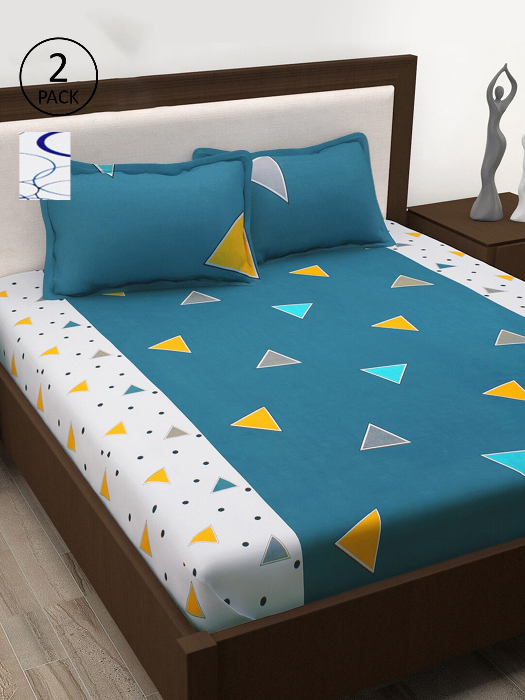Story@home Unisex White & Blue 186TC 2 Queen Size Bedsheet with 4 Pillow Cover