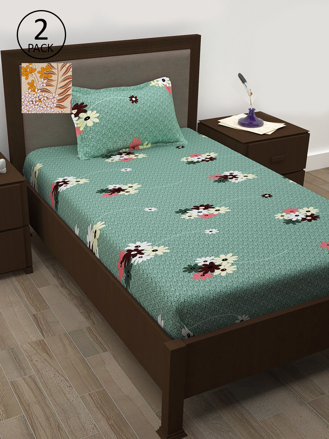 

Story@home Set Of 2 Grey 208 TC 2 Single Bedsheet With 2 Pillow Covers, Green