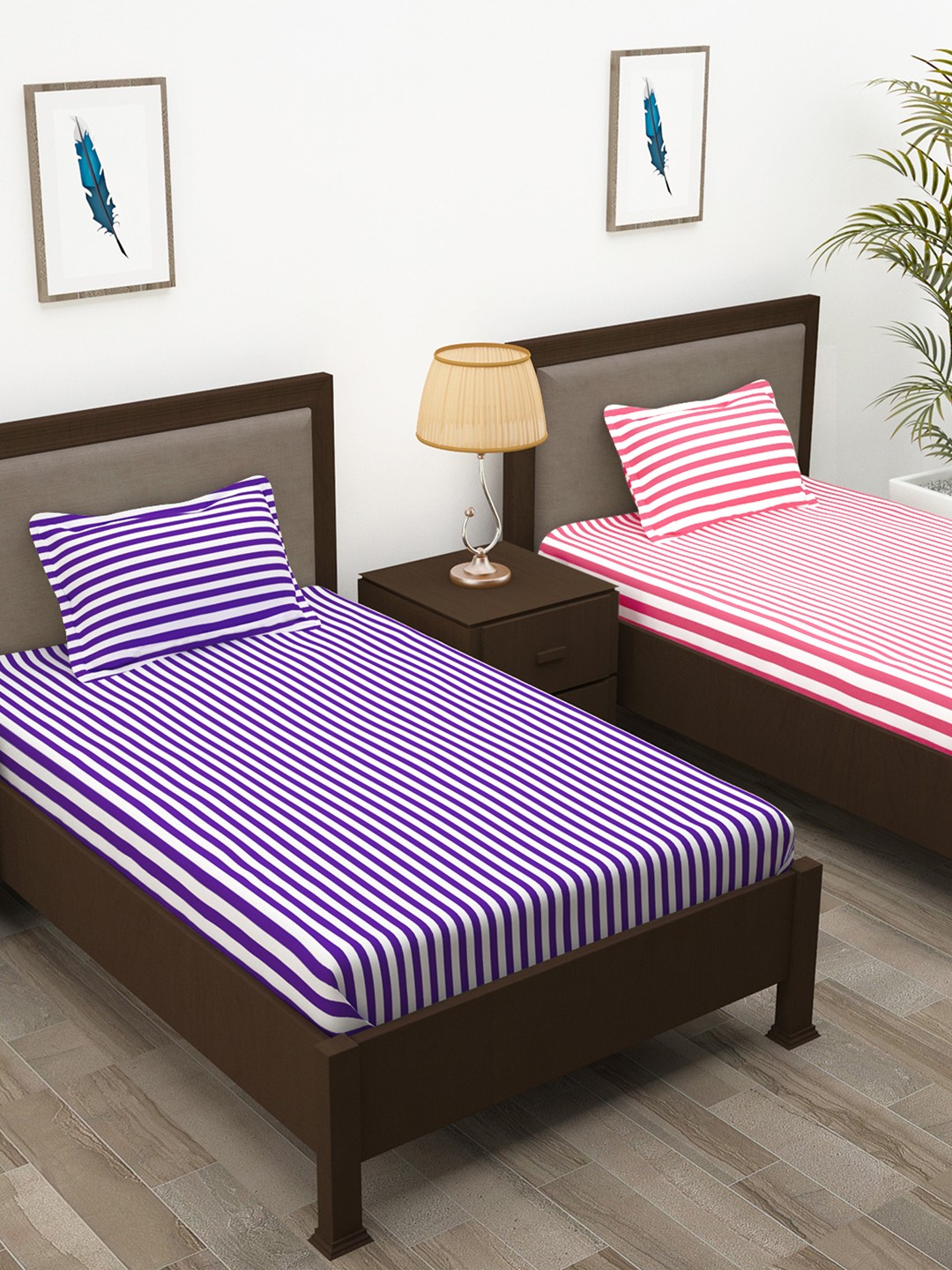 

Story@home Purple & Pink Striped Pure Cotton 208 TC 2 Single Bedsheet with 2 Pillow Covers