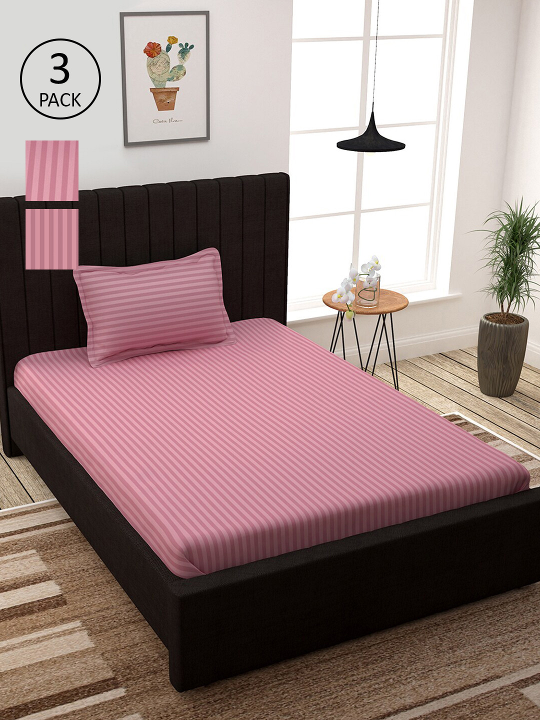 

Story@home Peach-Coloured Striped 300 TC 3 Single Bedsheet with 3 Pillow Covers