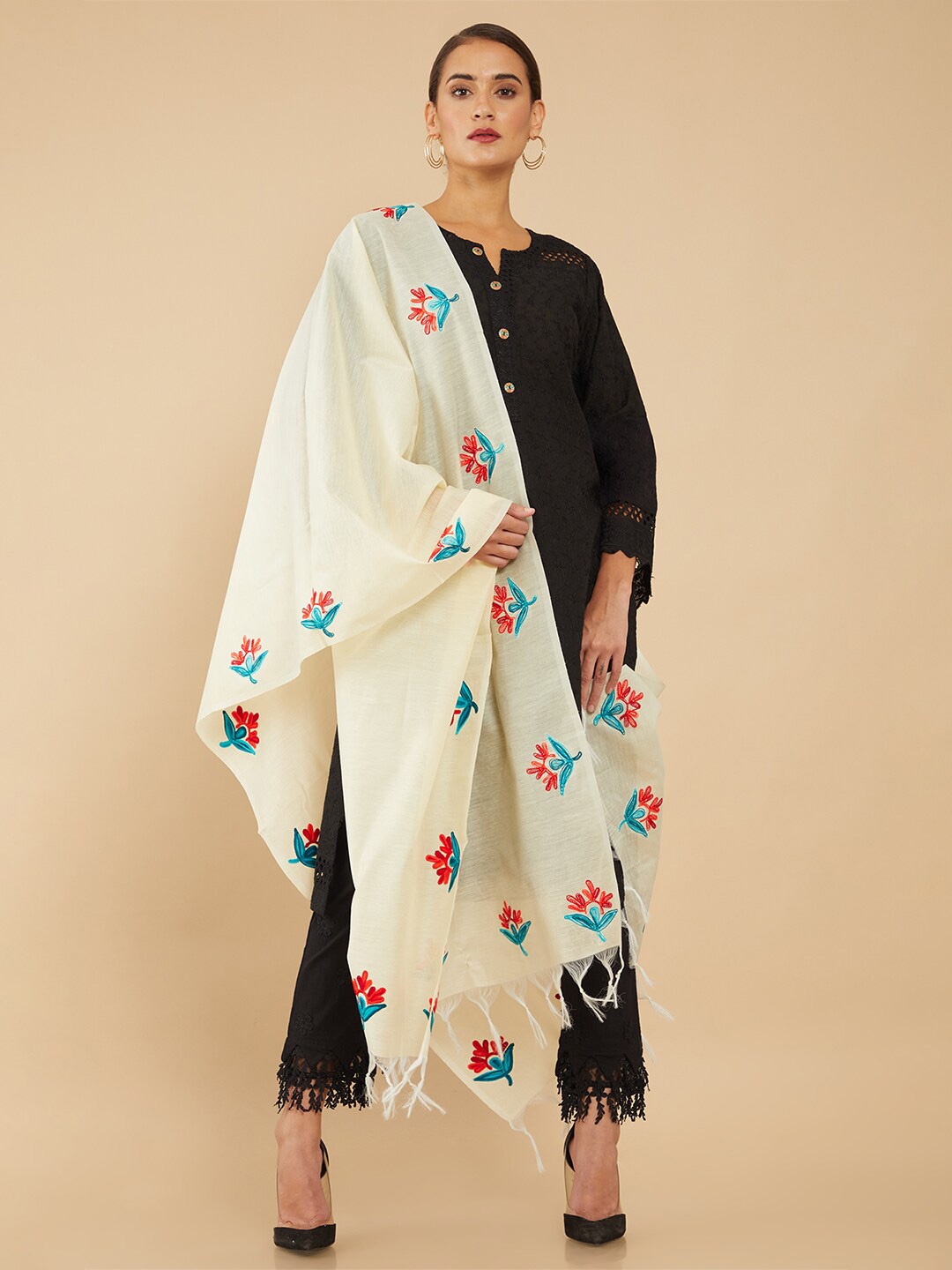 

Soch Cream-Coloured & Blue Embroidered Pure Cotton Dupatta with Thread Work