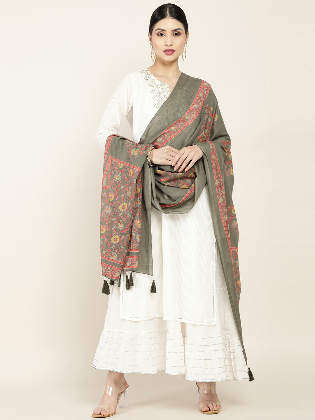 

Soch Green & Red Printed Pure Cotton Dupatta