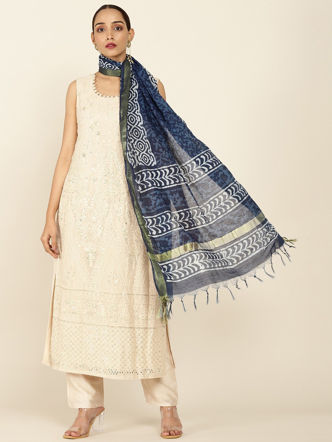 

Soch Blue & White Ethnic Motifs Printed Zari Dupatta With Tassles