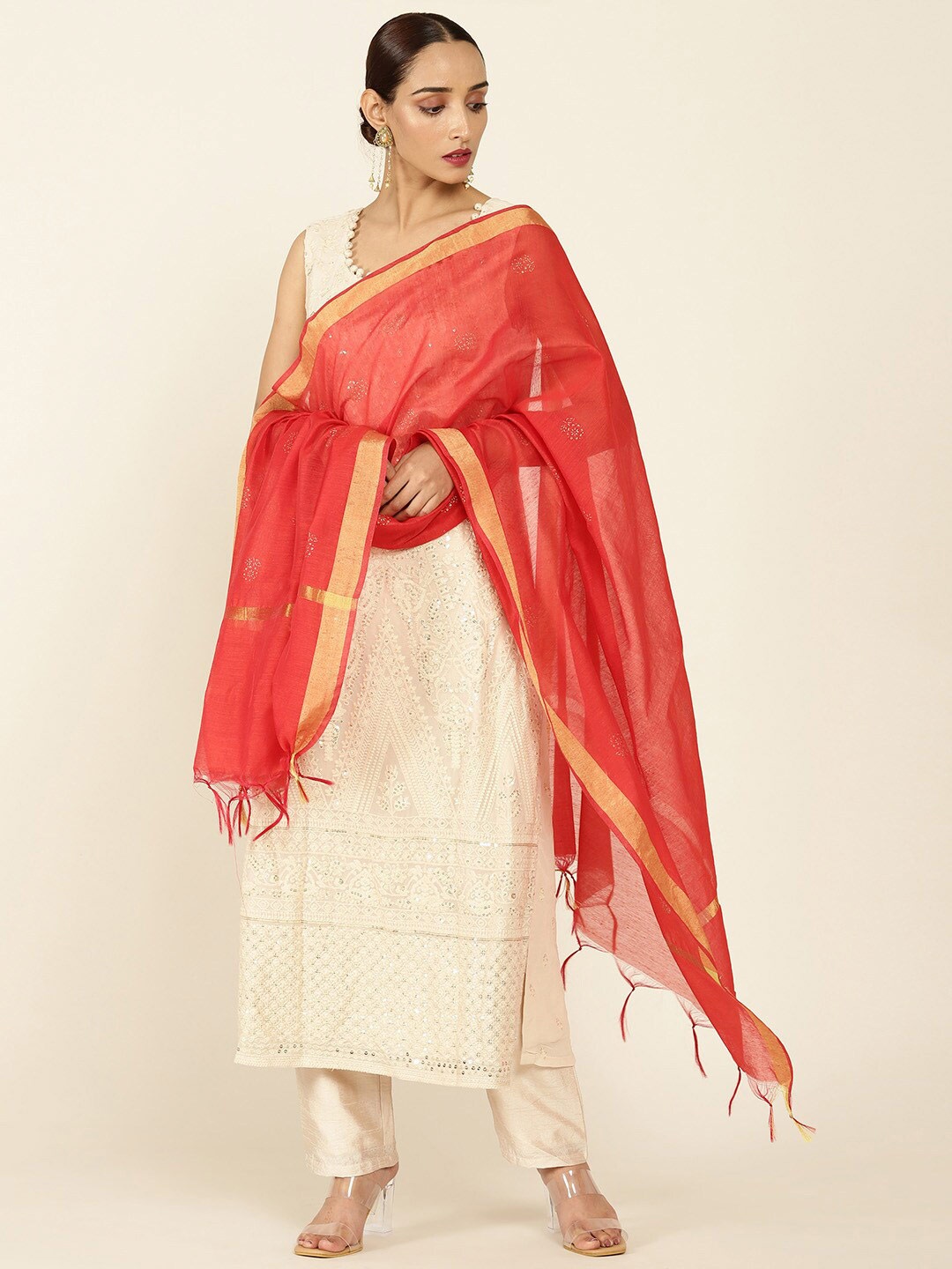 

Soch Red & Gold-Toned Chanderi Printed Dupatta with Zari