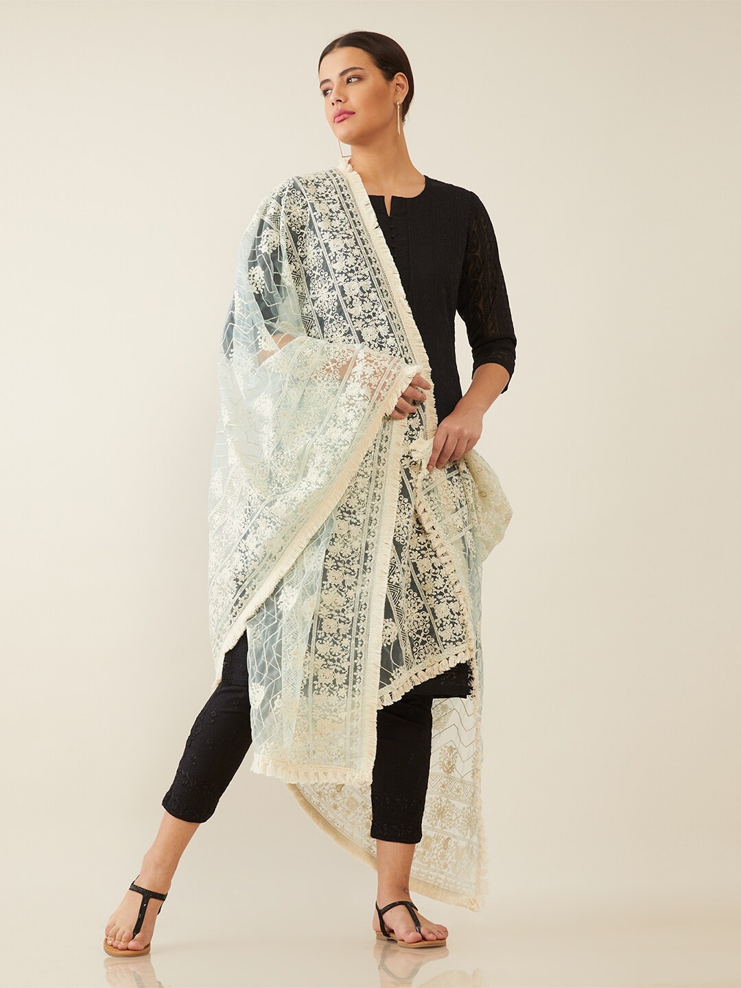 

Soch Off White Embroidered Dupatta with Thread Work
