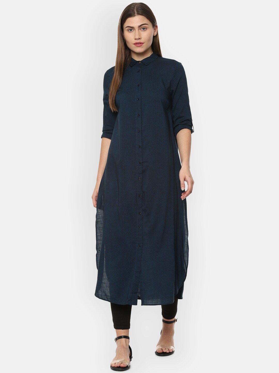 

Van Heusen Woman Navy Blue & Black Shirt Collar Printed Tunic