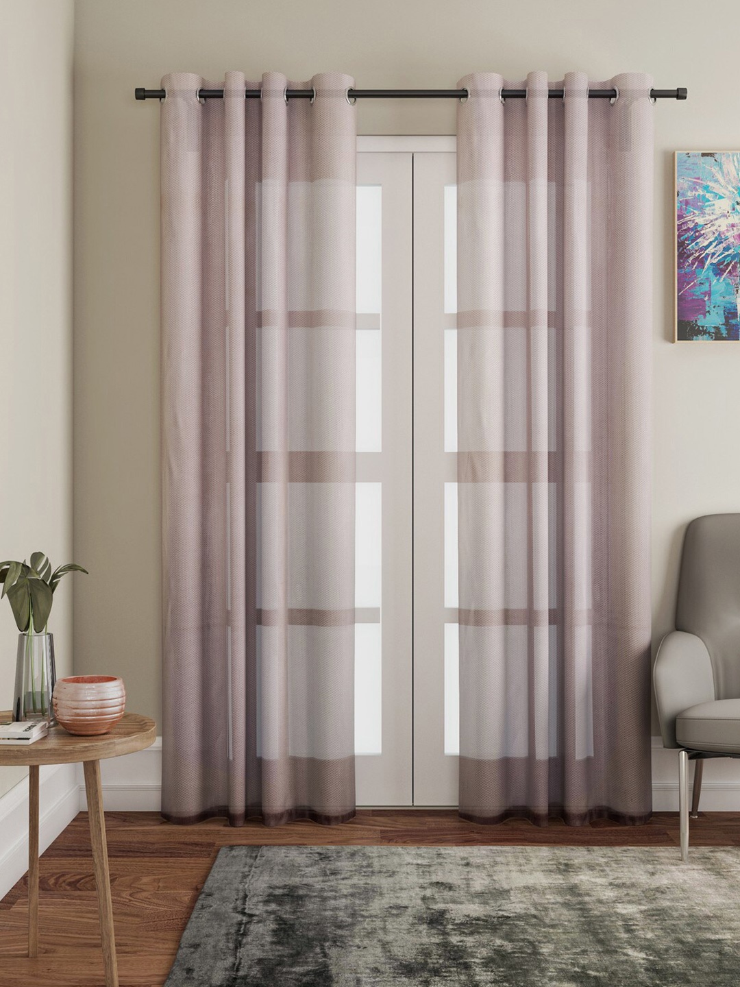 

Lushomes Brown Self Design Sheer Door Curtains
