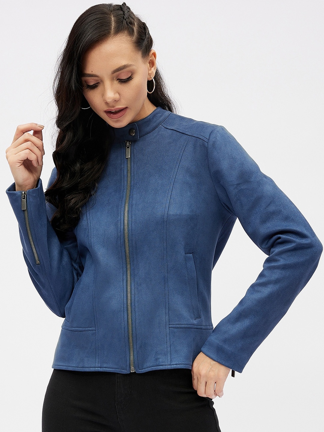 

Harpa Women Blue Suede Biker Jacket
