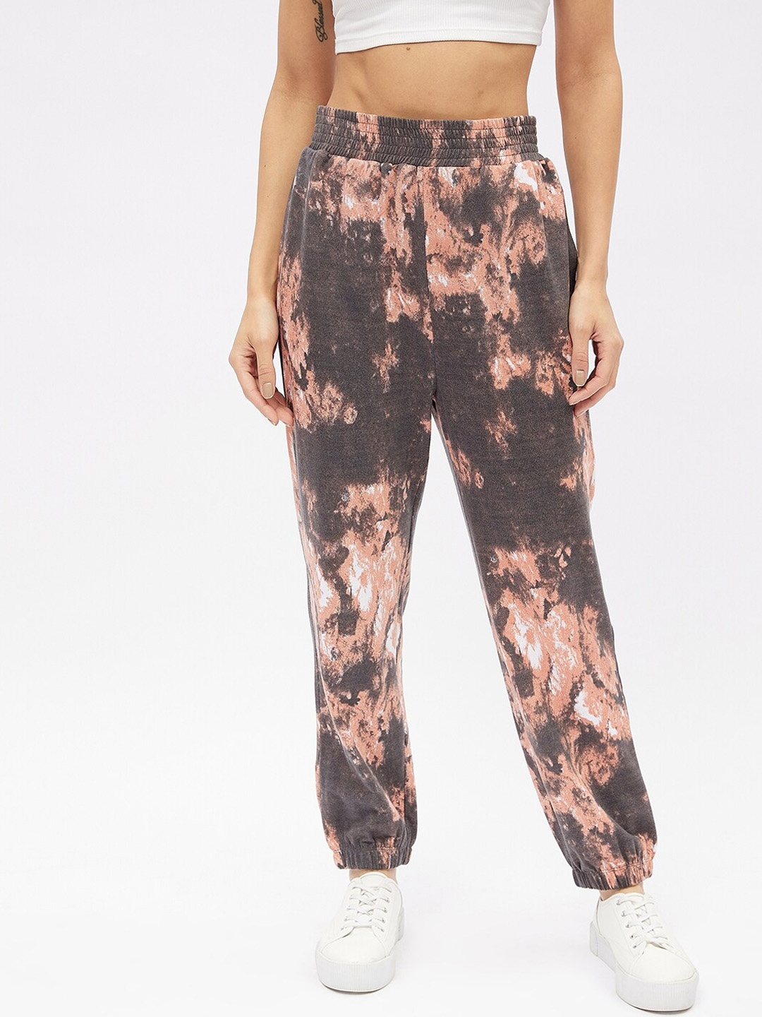 

Harpa Women Grey & Peach-Coloured Tie and Dye High Waist Joggers