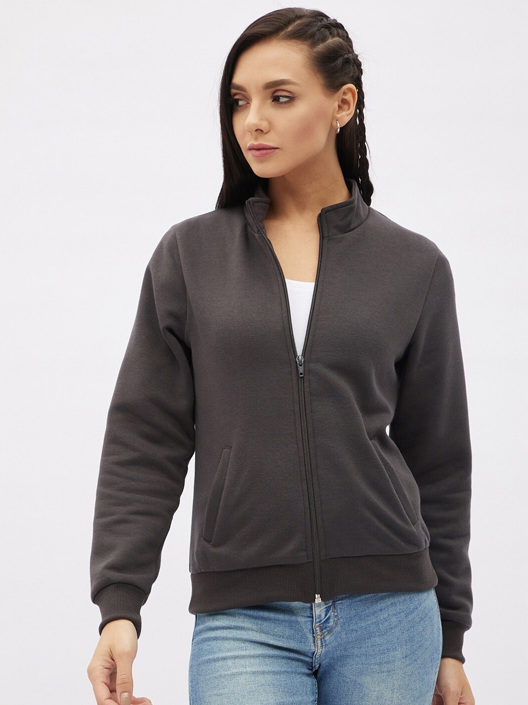 

Harpa Women Charcoal Grey Front-Open Sweatshirt