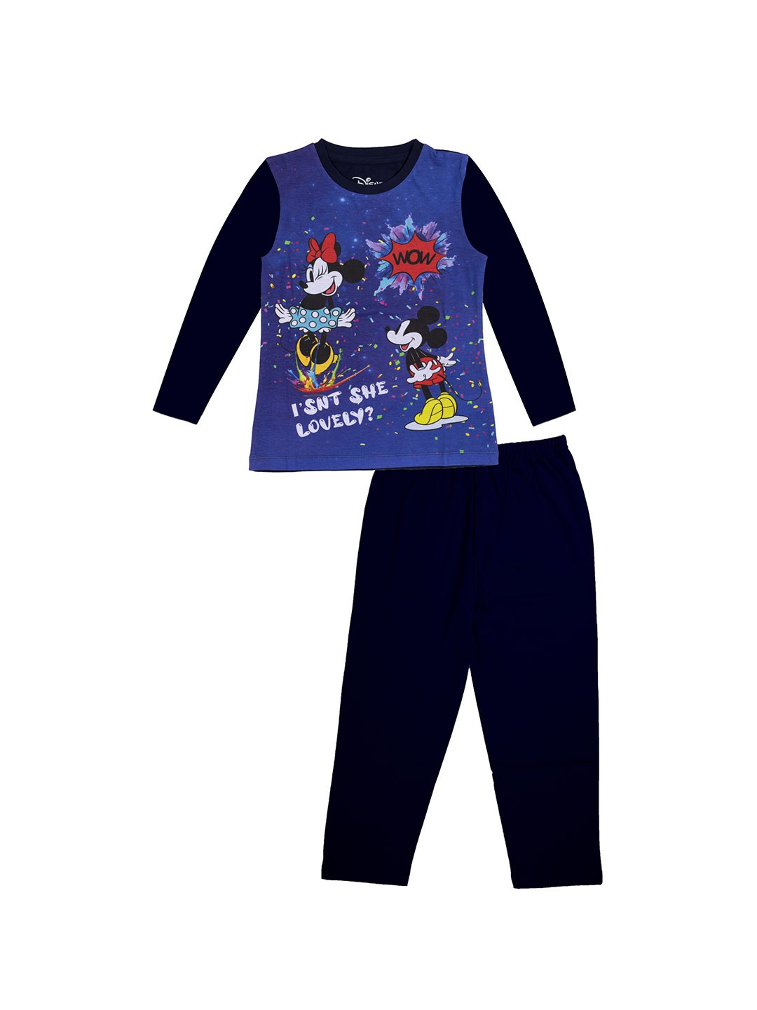 

KINSEY Girls Navy Blue & White Mickey & Minnie Printed Pure Cotton T-shirt with Pyjamas