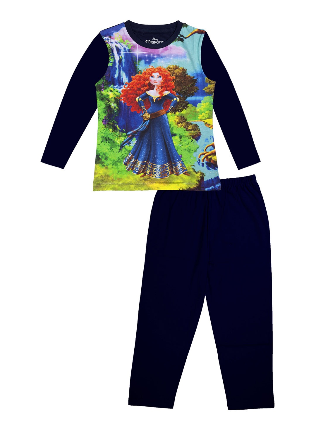 

KINSEY Girls Navy Blue & Green Disney Princess Printed Printed T-shirt with Pyjamas