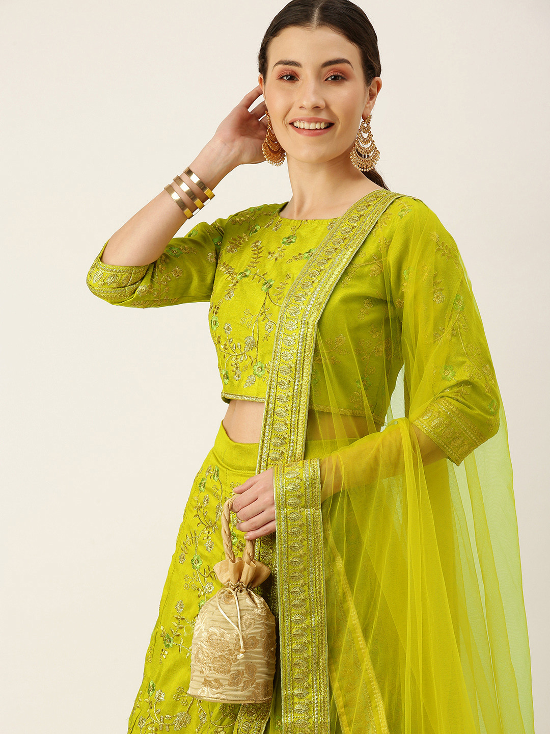 

Mameraa Green Embroidered Thread Work Semi-Stitched Lehenga & Unstitched Blouse With Dupatta